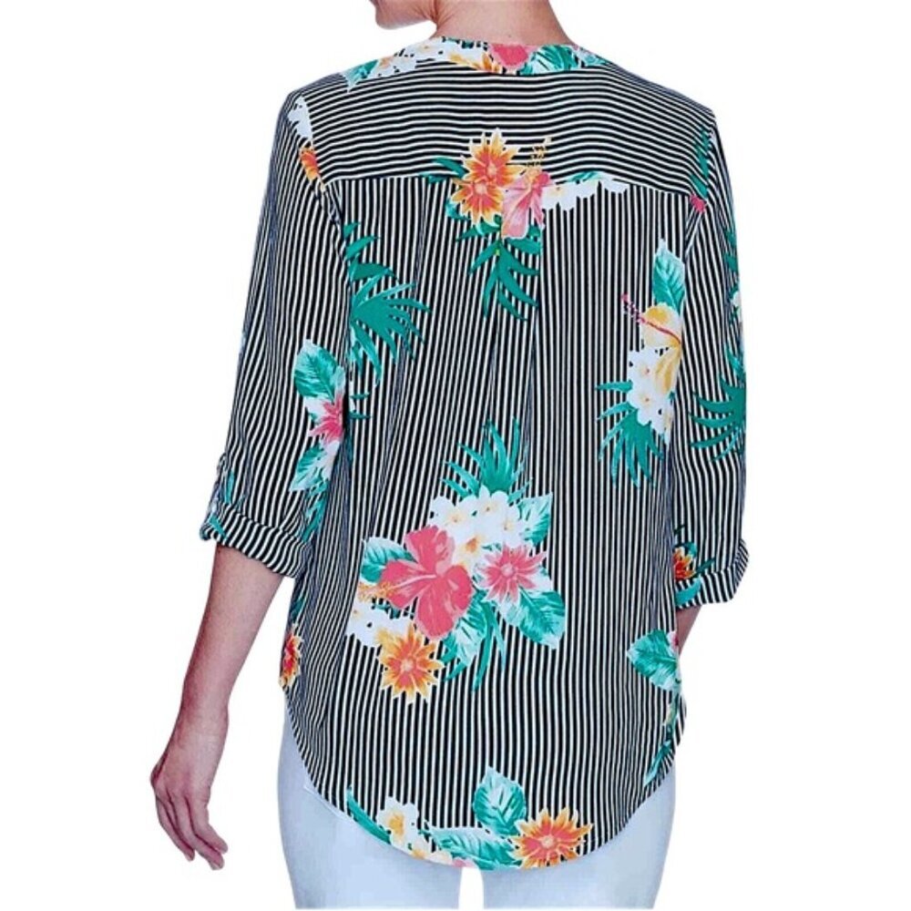 Ruby Rd Tie Up Top High Low 3/4 Sleeve Tropical Black White Stripe Petite Large - Picture 7 of 16